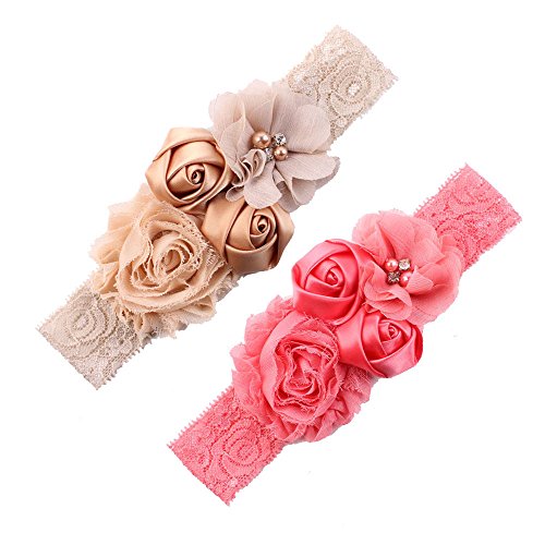 Ever Fairy Chiffon Lace Flower Baby Girls Turban Headband Head Wrap Hair Band With Pearl(2 Pack)