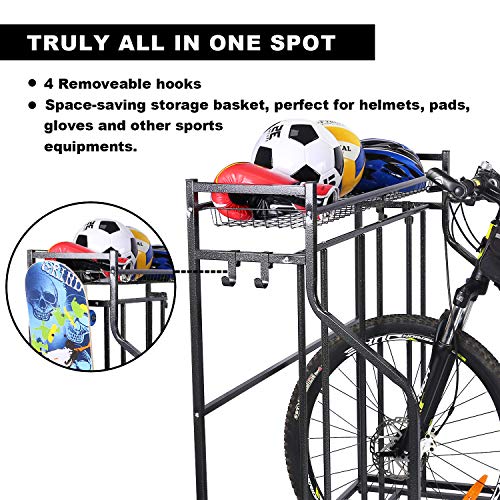 Mythinglogic Bike Rack, Bicycle Holder with Baskets Collection Organizer and 4 Hooks, 3 Bicycle Floor Parking Stands, Bike Storage Stand, Bike Rack Garage, Free Standing Bike Rack, Indoor Bike Rack