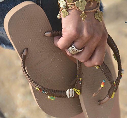 Boho Women's Flip Flops, Hippie Beaded Bohemian Beach Sandals, Sizes 9-10 US, Designed Havaianas, Vegan Handmade Shoes