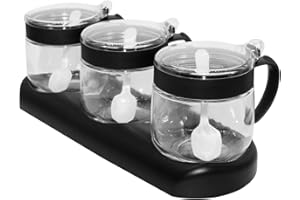 NAN WIND Glass Condiment Spice Jars,12oz/350 ml Condiment Jar Spice Container with Lids and Spoons and Tray,Clear Glass Condiment Canisters,3Pack Seasoning Box Bowl Set for Sugar Pepper,for Kitchen,Counter