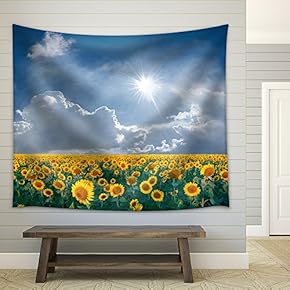 Summer Beautyful Landscape with Big Sunflowers Field and Blue Sky with Clouds - Fabric Wall Tapestry Home Decor - 51x60 inches