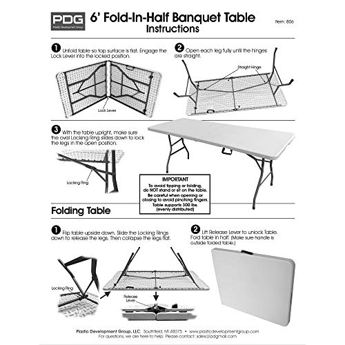 Plastic Development Group 806 Outdoor/Indoor 6 Foot Fold In Half Folding Banquet, Dining, Card Table, White - Thumbnail 5
