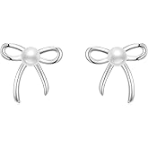 Bow Earrings for Women Silver Pearl Bow Stud Earrings Bowes Pearl Huggie Earrings Christmas Jewelry Gifts
