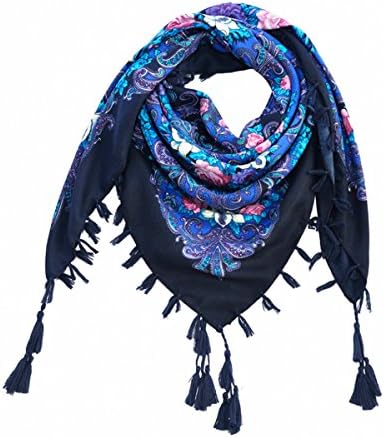 Pinky Kiss Women's Fashion Russian Style Folk Floral Print Fringe Sides Square Long Shawl Spring Autumn Winter Warm Scarf 92x92CM (Navy Blue)