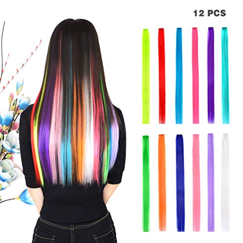 12 Pieces Party Highlights Clip in Colored Hair Extensions for Kids Girls Colorful Hair Extensions 22 inches Straight Synthetic Hairpieces 12 Multi-Colors