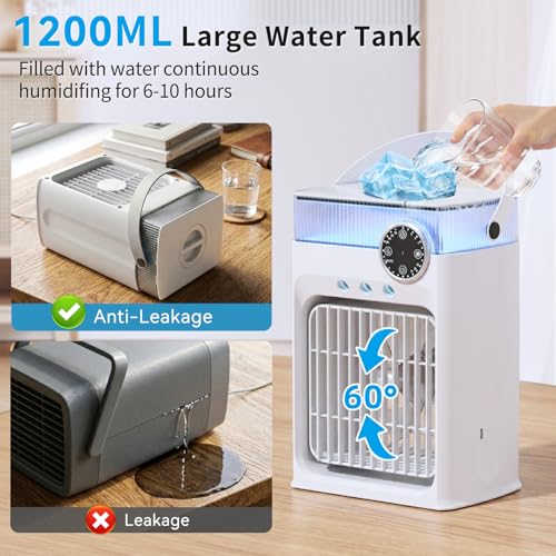 YFFU Portable Air Conditioner with Remote Control,1200ml Evaporative USB Mini Air Cooler RGB 8 Lights, 3 Wind Speeds, 3 Spray Modes, 2-8H Timer Small Air Conditioning Unit for Home Bedroom,Warm White