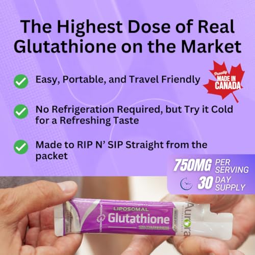 HIGHEST POTENCY AVAILABLE 750MG Liposomal Glutathione, Made in Canada, Skin Brightening, Powerful Antioxidant, Maximum Absorption, Natural Health Product, Single-Serve Liquid Packets