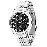 Mens Quartz Analog Roman Numeral Watch Waterproof Unique Business Casual Fashion Wristwatch, Classic Calendar Date Window, 30M Water Resistant, Comfortable Stainless Steel Case and Band -Black
