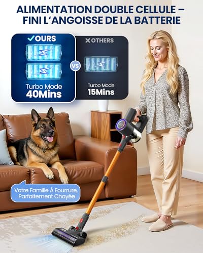 DP2 Dual Battery Cordless Broom Vacuum Cleaner, 48KPa/90Min/600W, LED Display, Telescopic Tube, Freestanding, Greeneye Light, for Cleaning Home, Pet Hair, Carpets and Hard Floors
