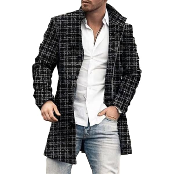 evzosrz Mens Plaid Trench Coat Casual Mid Long Jacket Coats Lapel