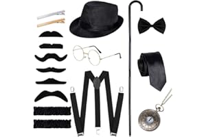 Ishua 1920s Men Costume Accessories, 17 pcs Old Men Gangster Costume Set, Roaring Retro Mens Gatsby Accessories 1920s