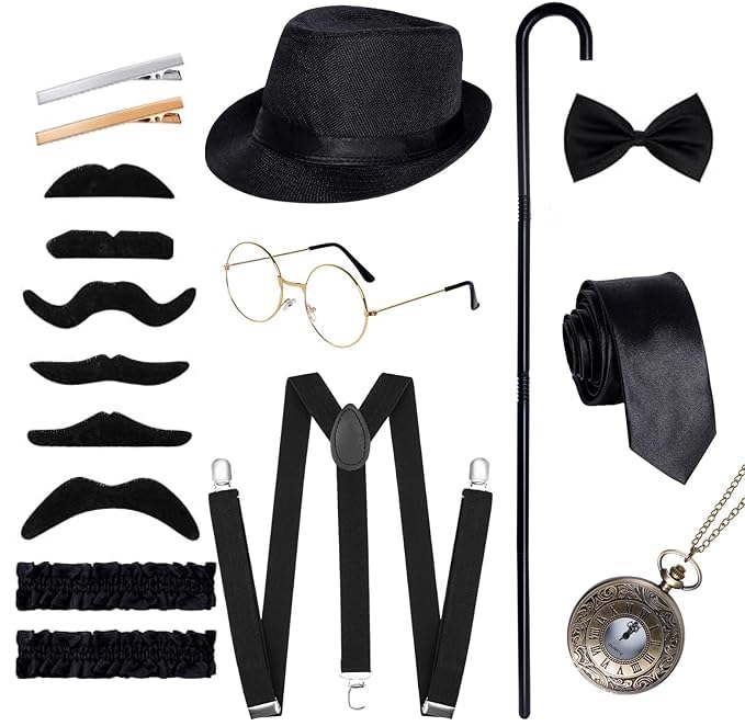 Photo 1 of Ishua 1920s Men Costume Accessories, 17 pcs Old Men Gangster Costume Set, Roaring Retro Mens Gatsby Accessories 1920s