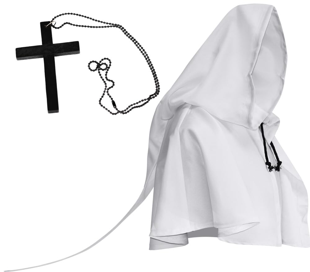 Medieval Cowl Hat with Cross Necklace Halloween Hooded Cape Cloak Pagan Fancy Dress Witch Wizard Vampire Grim Reaper Cape Monk Cape Vintage Death Cloak Halloween Cosplay Party Costume Accessory