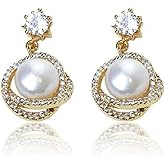 Yudisho Golden Pearl Earrings, Circle Rhinestone Earrings for Women