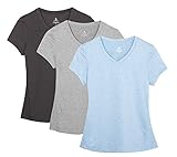 icyzone Workout Shirts Yoga Tops Activewear V-Neck T-Shirts Women Running Fitness Sports Short Sleeve Tees (L, Black/Granite/Blue)