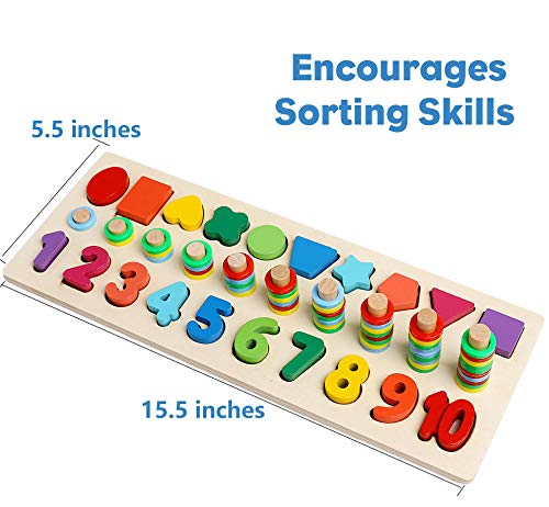 JCREN Wooden Blocks Puzzle Board Set for Tooddler Color Shape Sorting Number Counting Puzzle Blocks Math Stacking Early Development Toys Gift Montessori Toys for Preschool Kids