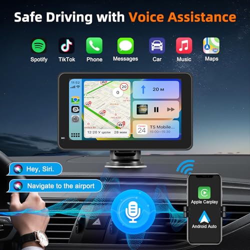 7" Wireless CarPlay Screen for Car, Wireless Carplay Touchscreen for Apple Car Play and Android Auto, Portable Car Stereo with Mirror Link, AUX, Voice Control, GPS Navigation, AirPlay