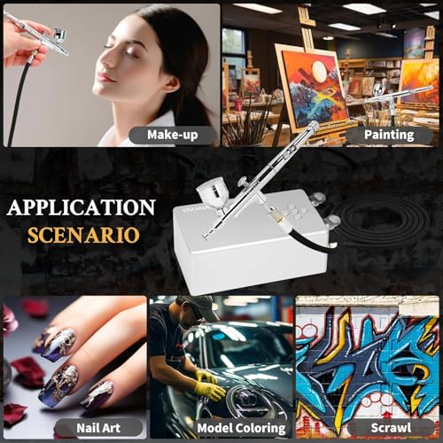 Ovaga 55PSI Ultra-Silent Airbrush Kit, Dual-Action Multi-Function Airbrush Set with Compressor for Painting Portable Air Brush Set for Cake Decoration Makeup Art Craft Nail Design Model Tattoo,Silver
