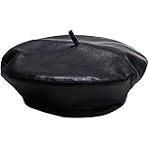 MINGSEECESS Women PU Leather French Black Beret Hat Causal Beanie Hat