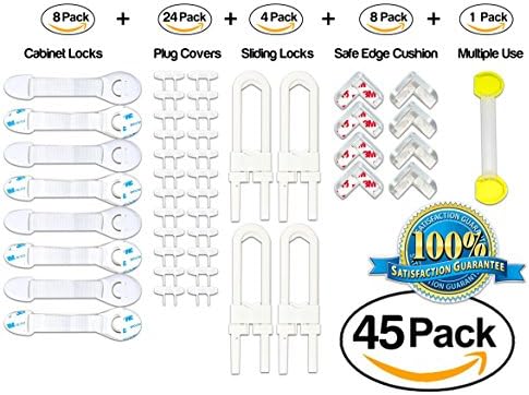 Baby Apple Safe Child Safety Kit (45-Piece Set) 8 Childproof Cabinet Locks, 24 Baby Safety Plug Covers, 4 Sliding Cabinet Locks, 8 Safe Edge Cushion, 1 Toilet Seat Lock