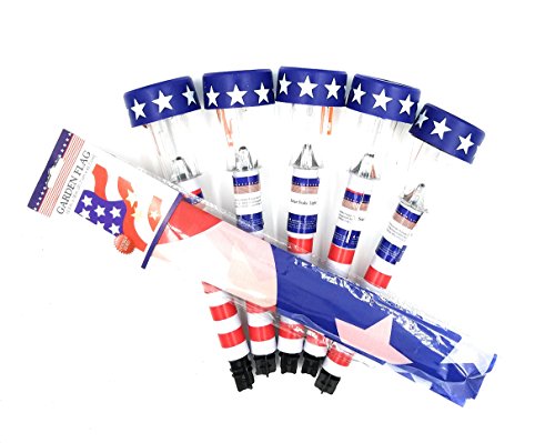 6 Pack Patriotic Plastic Solar Garden Lights with Stakes And Patriotic Gold Star Garden Flag