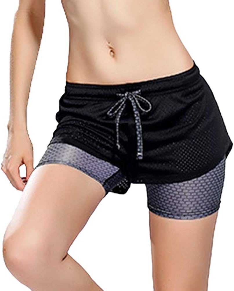 Mayyou Women's 2 in 1 Running Sports Shorts Breathable Quick Dry Mesh Workout Jogging Pants