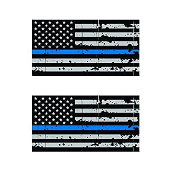 Set of 2 Dark Grey Thin Blue Line Distressed USA American Flag Decal Stickers