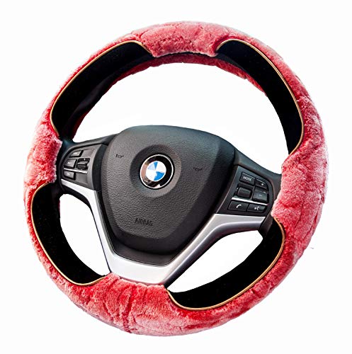 Furry Steering Wheel Cover 15 Inch Faux Wool Soft Fur Warm Winter Universal for Auto Car SUV (Short Plush, Red