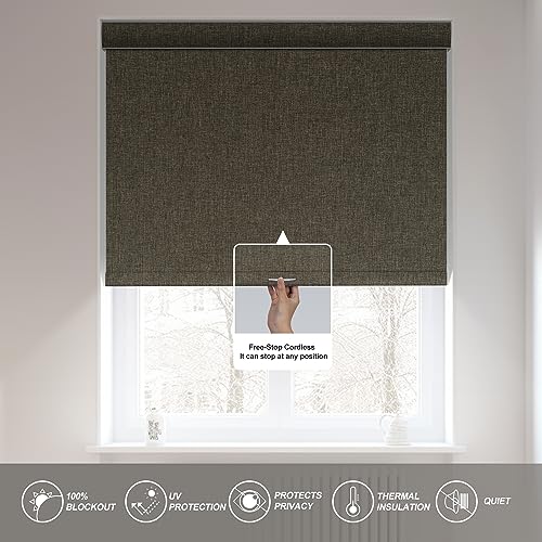 Boolegon Blackout Roller Shades for Windows,Cordless,Linen Fabric,Roller Blinds,Thermal Insulated Fabric UV Protection,Window Shades for Home,Door,Bedroom,Office,Blackout-Brown,Custom Size