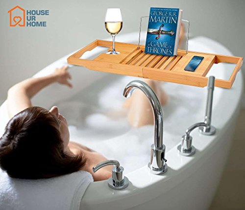 Bamboo Bathtub Caddy Tray With Extendable Slides, Adjustable Book/Tablet Holder. Cellphone/Candles Tray & Integrated Wineglass Holder.Plus Free Value Gift. One Year Warranty, By House Ur Home - Thumbnail 5