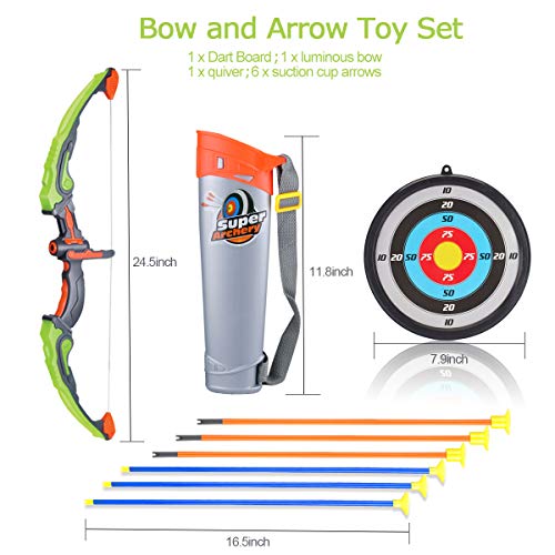 MagicWe Bow and Arrow Toy Set for Kids Archery Bow Comes with 6 Suction Cups Arrows Target with LED Flash Lights Indoor Outdoor Toys Garden Practice Hunting Series Boys Girls Age 5+ Year Green