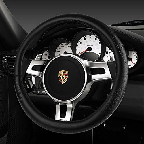 MysBiker Steering Wheel Cover, Leather Car Steering Wheel Cover - 15 Inch Steering Cover (Black)