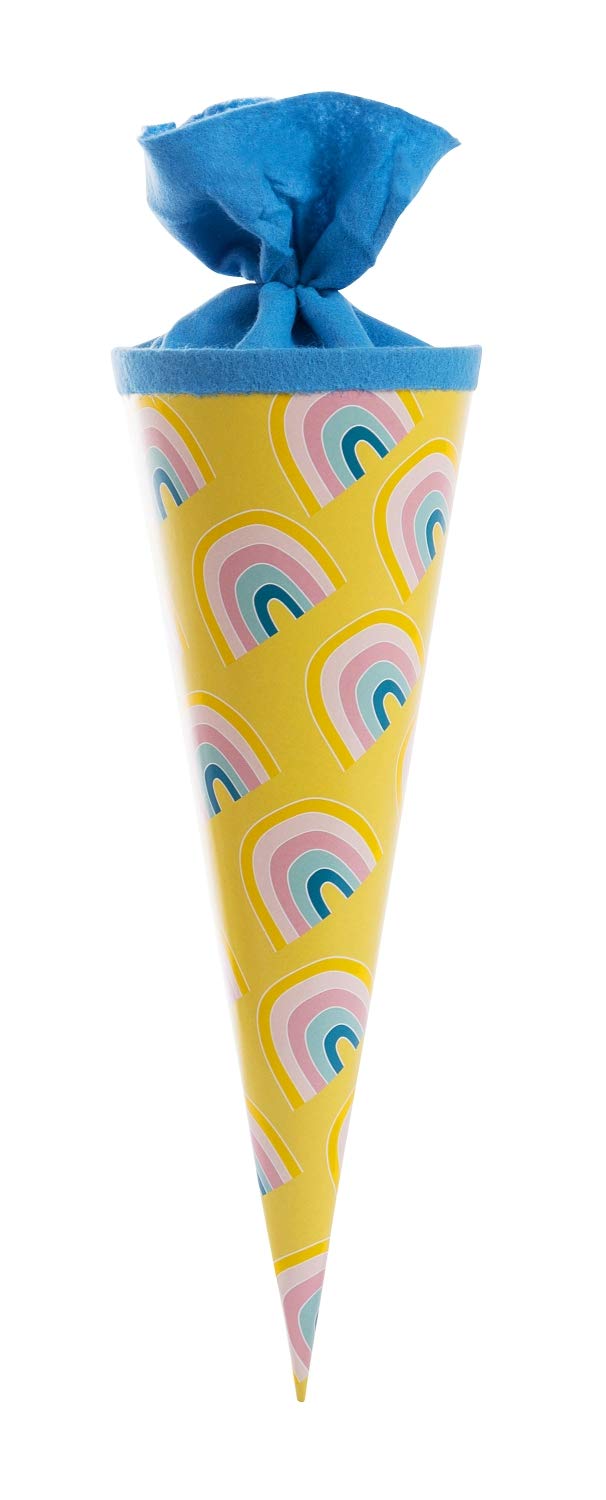 goldbuch 93 206 Rainbow Country Sibling Bag, School Cone with Rain Pattern, Varnished Cardboard, Gift Packaging, Blue Felt Closure (without Sealing Strap), Round Sweets Bag, Length 35 cm, Diameter