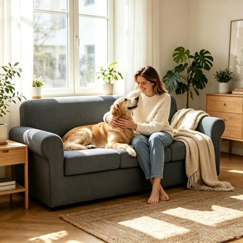 MAXIJIN 4 Piece Couch Covers for 3 Cushion Couch Super Stretch Sofa Cover for Dogs Pet Proof Fitted Furniture Protector Spandex Jacquard Non Slip Magic Sofa Slipcover Washable (Large, Gray)