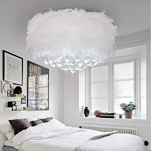 XDLUK Feather Ceiling Pendant Light Shade White Feather Crystal Ball LED Lamp Simple Decorative Droplight Shade For Living Room Bedroom Hotel [Energy Class A], 45cm/17.72inches [Energy Class A]