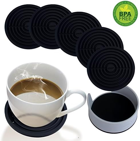 Coasters for Drinks Silicone Coaster with Holder - Set of 6 Round Absorbent Coaster - Large 4 inch Art Car Bar Tea Coffee Table Mug Beer Bottle Beverages for Wine Glass Black Rubber Cup Mat