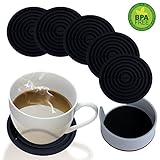 Coasters for Drinks Silicone Coaster with Holder - Set of 6 Round Absorbent Coaster - Large 4 inch Art Car Bar Tea Coffee Table Mug Beer Bottle Beverages for Wine Glass Black Rubber Cup Mat