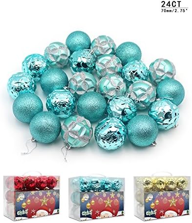 Woowell Shatterproof Ball Ornaments Christmas tree decoration Bauble Pendants, 70mm/2.75" Turquoise 3-Finish Assorted 24 Counts in Reusable hand-held Gift Package (Turquoise)