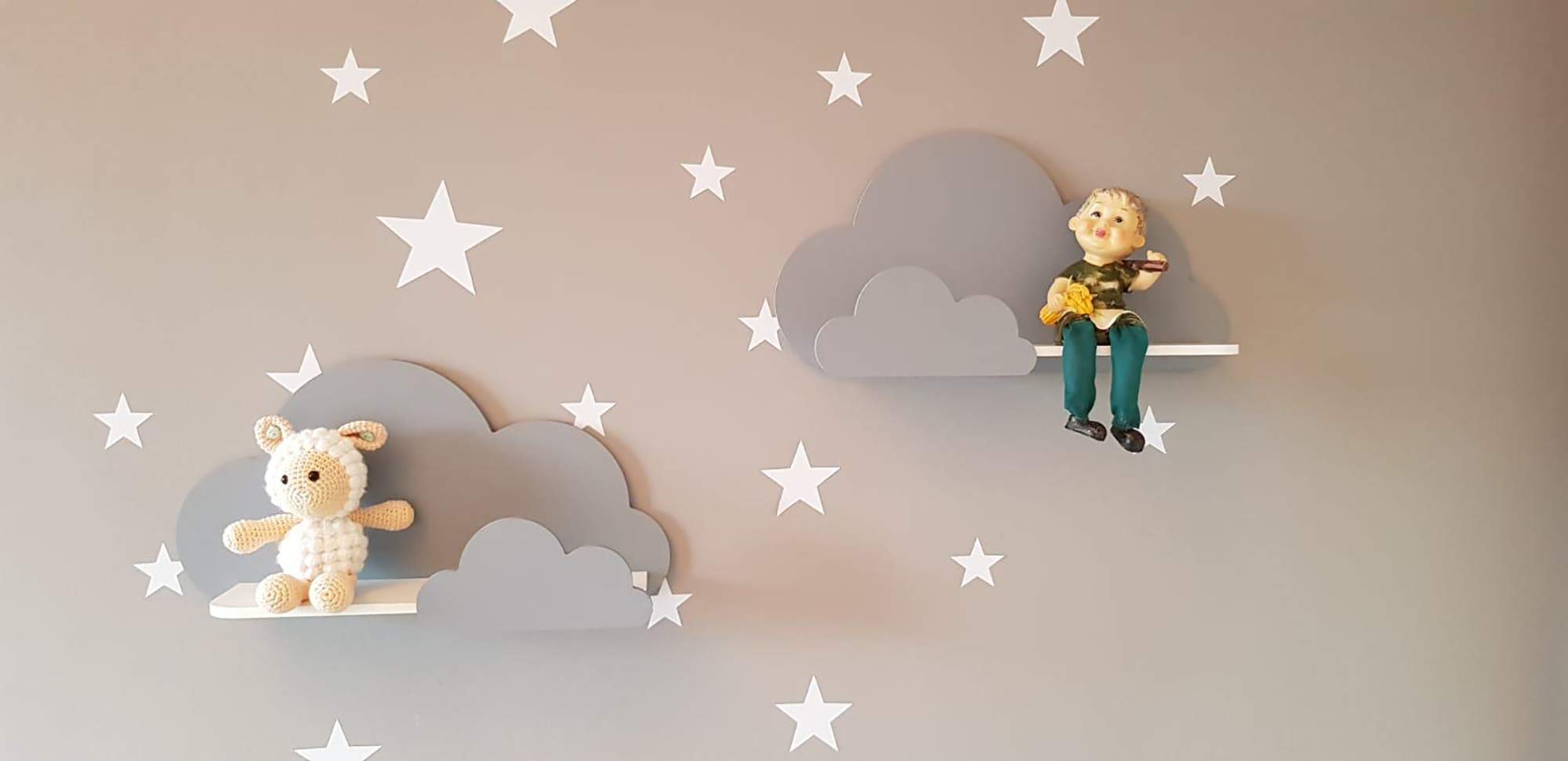 Happy Woody Set of 2 Cloud Wall Shelves for Nursery/Wooden Floating Shelf/Baby Room Decor/Nursery Room Decoration/Kids Room Wall Decor/Gift Set (grey)