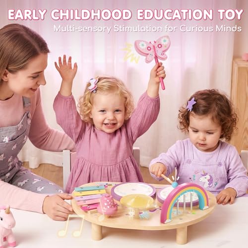 Lehoo Castle Wooden Montessori Children's Drum Set Toy from 1 - 3 Years Girls, Musical Instruments for Children with Xylophone Drum, Music Toy for Preschool Babies, Educational Toy Gift