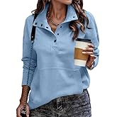 SHEWIN Women's Casual Long Sleeve Stand Neck Sweatshirt Lightweight Button Drawstring Pullover Tops
