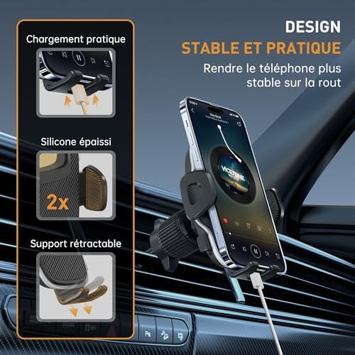 Porte Telephone Voiture：360° Rotation Support Telephone Voiture, [Clip Amélioré] Socles de Téléphone Portable pour Automobile avec iPhone, Samsung, Google, Sony etc. (Black)