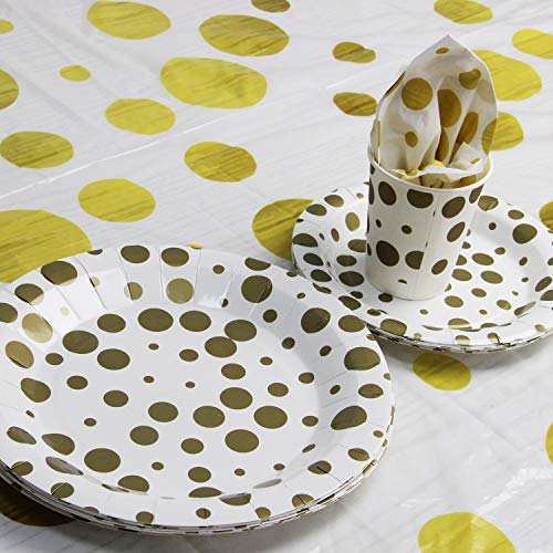 201 Piece Gold Dot/Polka Dot Party Supplies Set for 50, Including Plates, Cups, Napkins and Tablecloth - Thumbnail 2