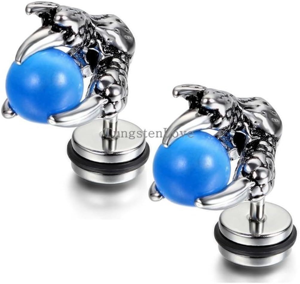 Mens Stud Earrings Punk Blue Dragon Claw Stud Earrings for