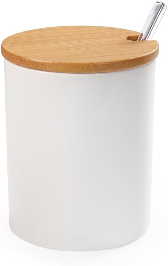 77L Zuckerdose, Keramik Zuckerdose mit Zucker Löffel und Bambus Deckel für Haus und Küche, Elegantes Design, Weiß, 320 ML (10.8 FL OZ)