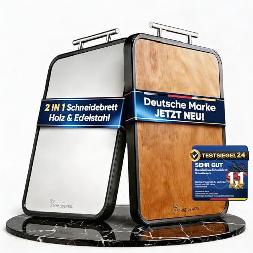 Double Sided Chopping Board Wood & Stainless Steel - 2-in-1 Kitchen Board | Non-Slip Cutting Board, Large with Juice Groove & Non-Slip Frame | Schneidewerk