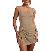 Oumrdeo Women’s Sexy Sleeveless Square Neck Bodycon Ruched Split Party Club Mini Tank Short Dress