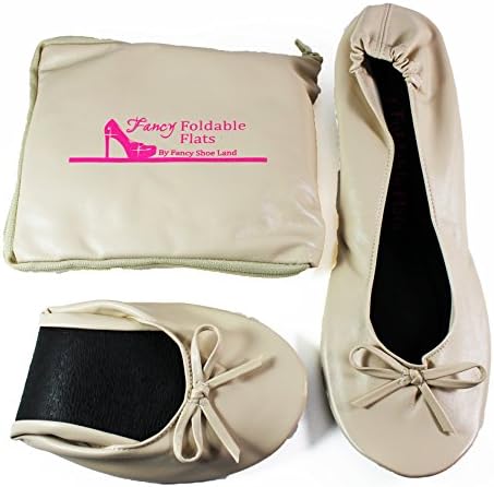 Ballet Flats Foldable with Expandable Tote Bag for Carrying High Heels Sizes 5 to 12 Large Womens Shoes Size Fold up Ballet Folding Flats Cream Portable Travel Weddings Bridal Parties Shoes.