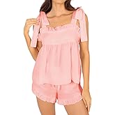 Sotimoon Womens Summer 2 Piece Short Sets Sleeveless Ruffle Trim Top and Shorts Cotton Pajamas Set
