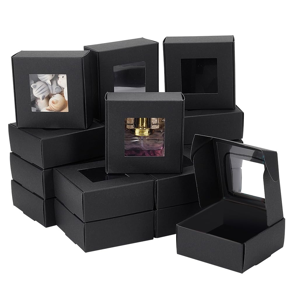 BENECREAT 28 Packs 8.5x8.5x3.5cm Square Gift Boxes with Clear Window, Black Bakery Boxes Gift Packaging Boxes for Anniversaries, Birthdays, Weddings, Graduation